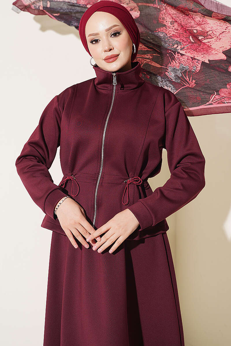 Waistbanded Scuba Two-Piece Set with Hem Edge Burgundy - الصورة 2