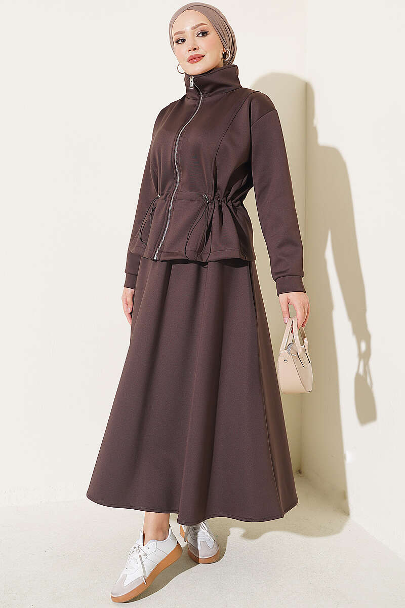 Pocketed French terry with zipper detail two-piece set Brown - Afbeelding 5
