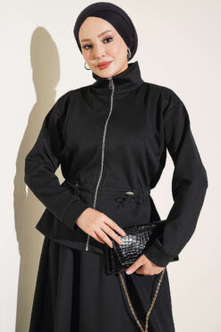 Alternative view of Waistbanded Scuba Two-Piece Set with Hem Edge Black