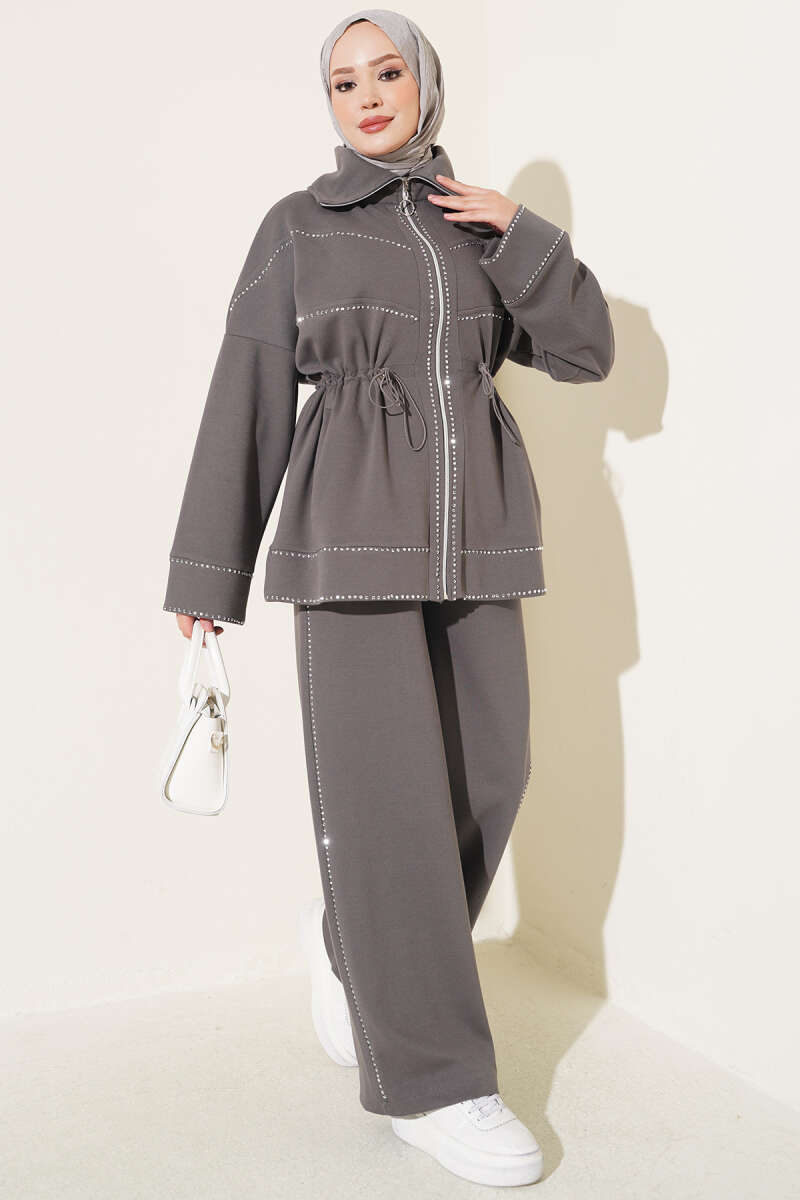 Waist-Elastic French Terry Two-Piece Set with Embellished Hem Edge Smoke