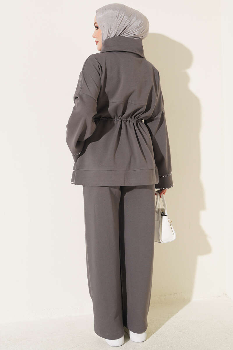 Waist-Elastic French Terry Two-Piece Set with Embellished Hem Edge Smoke - الصورة 3