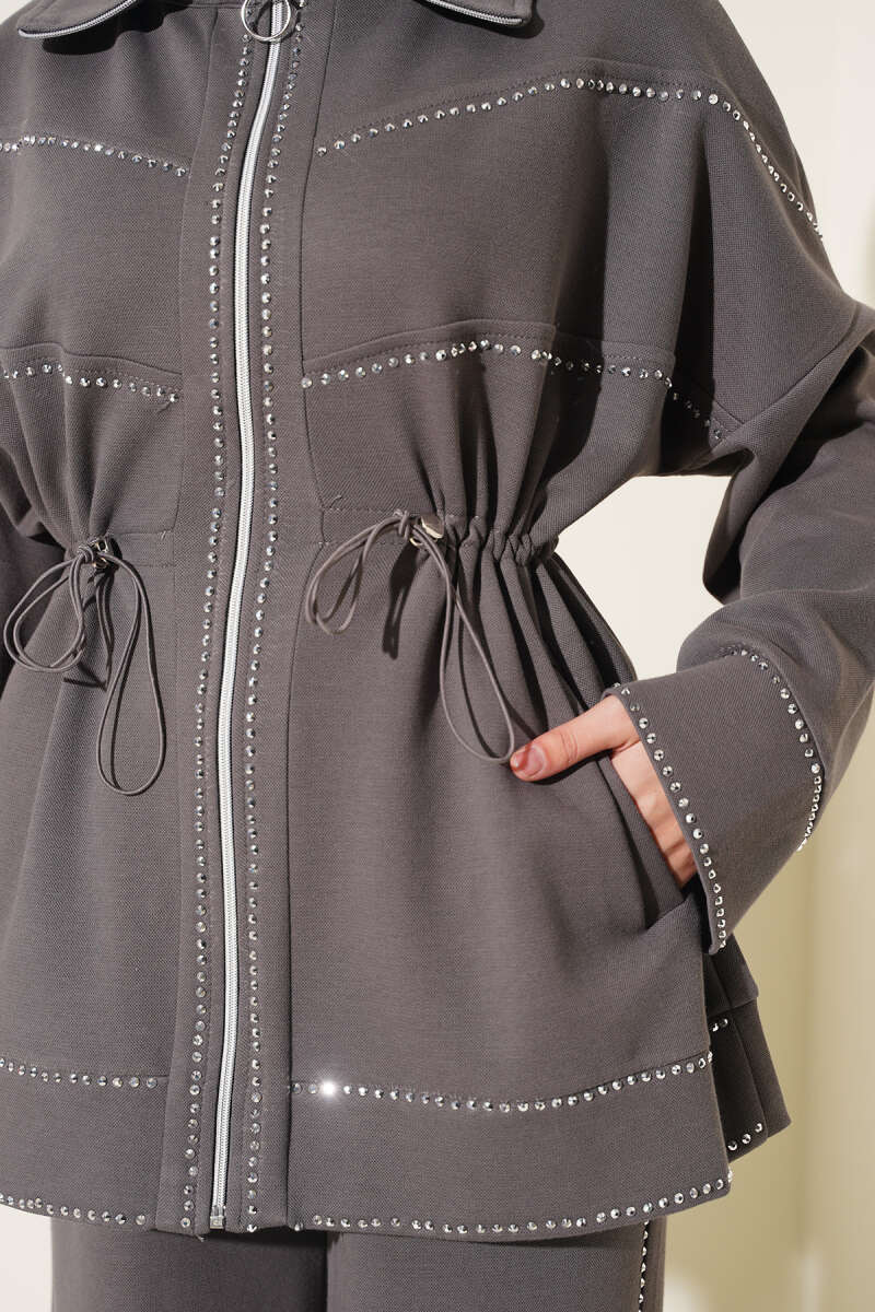 Waist-Elastic French Terry Two-Piece Set with Embellished Hem Edge Smoke - الصورة 4