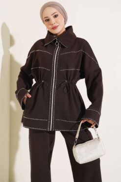 Alternative view of Waist-Elastic French Terry Two-Piece Set with Embellished Hem Edge Brown