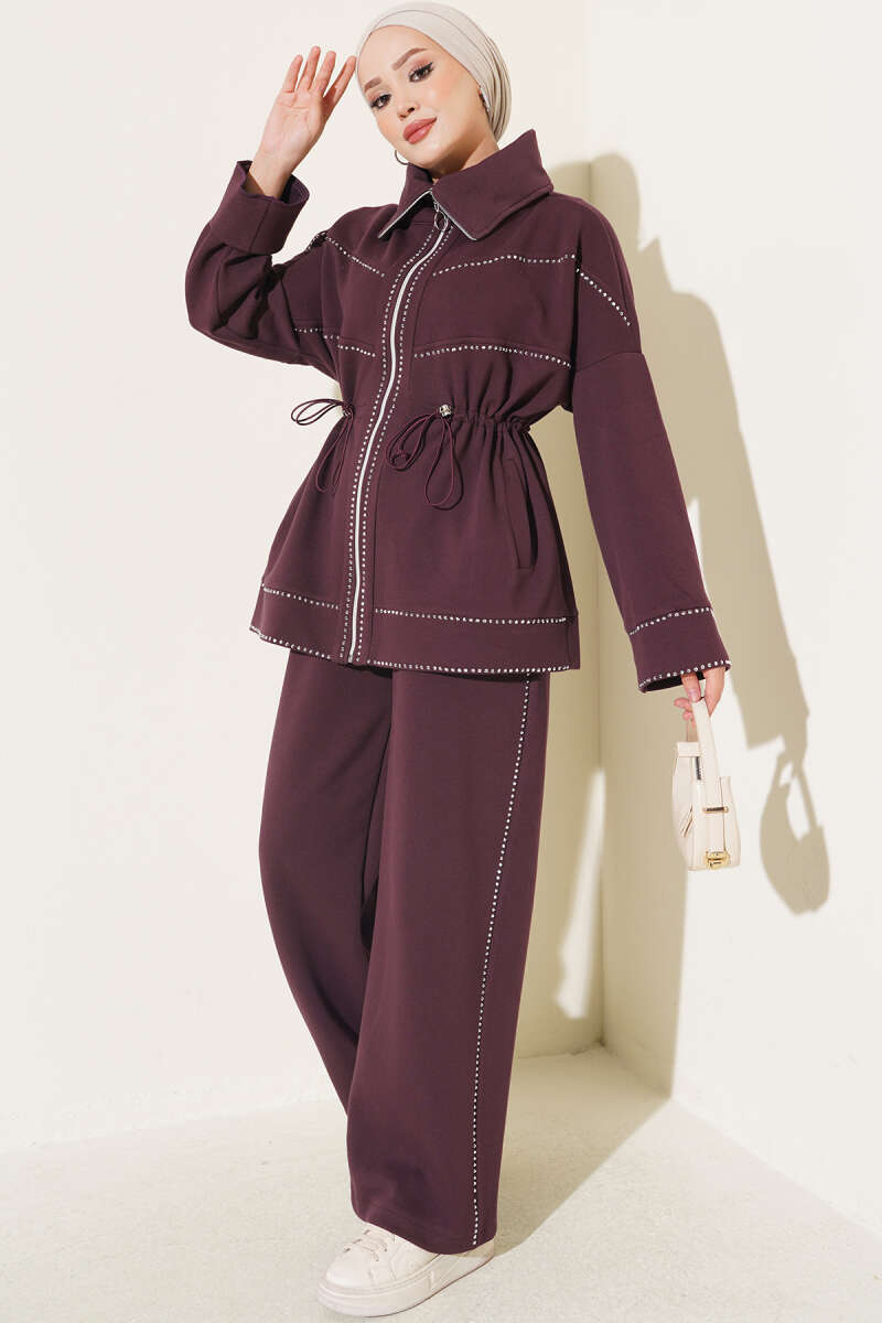 Waist-Elastic French Terry Two-Piece Set with Embellished Hem Edge Plum