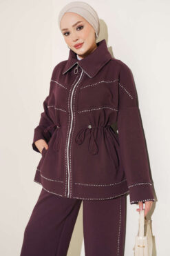 Alternative view of Waist-Elastic French Terry Two-Piece Set with Embellished Hem Edge Plum