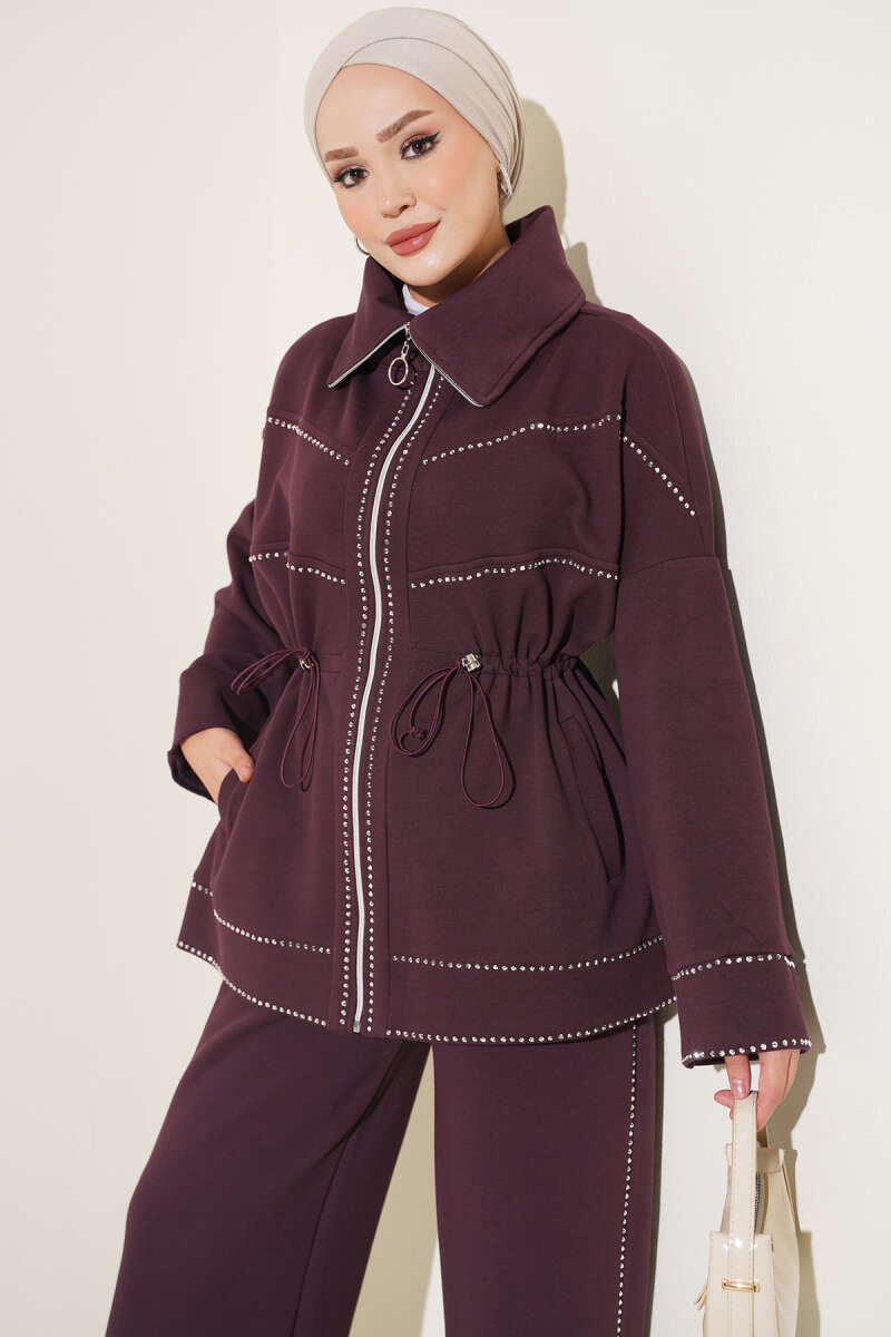 Waist-Elastic French Terry Two-Piece Set with Embellished Hem Edge Plum - Imagen 2