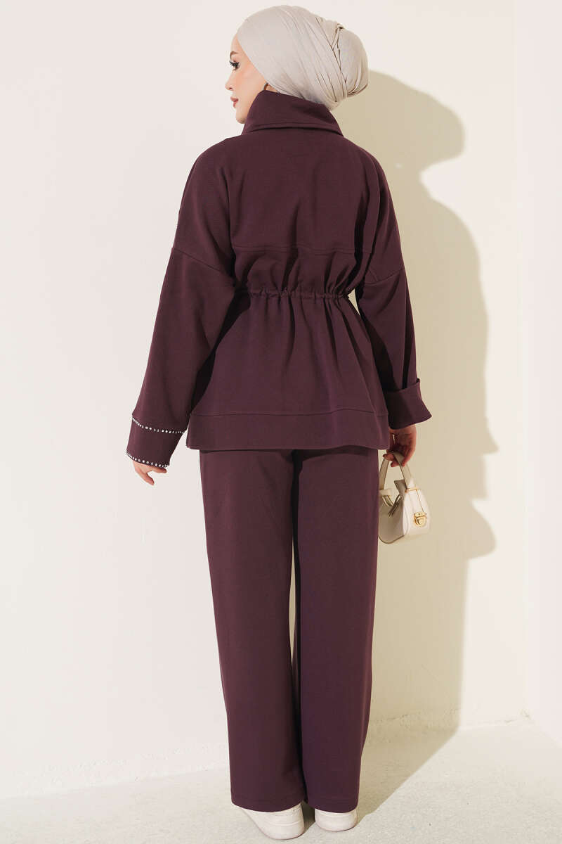 Waist-Elastic French Terry Two-Piece Set with Embellished Hem Edge Plum - Imagen 3