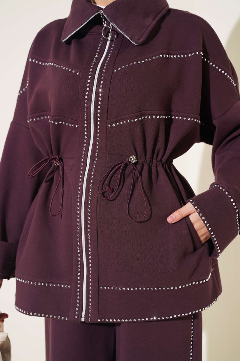 Waist-Elastic French Terry Two-Piece Set with Embellished Hem Edge Plum - Imagen 4