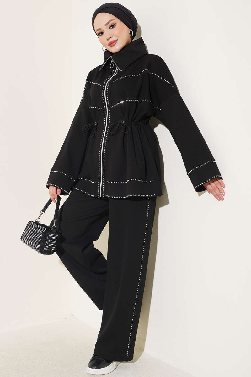 Waist-Elastic French Terry Two-Piece Set with Embellished Hem Edge Black