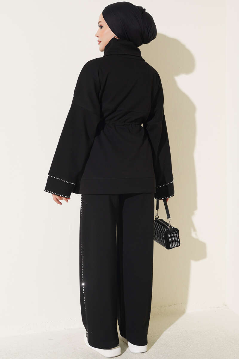 Waist-Elastic French Terry Two-Piece Set with Embellished Hem Edge Black - Imagen 3