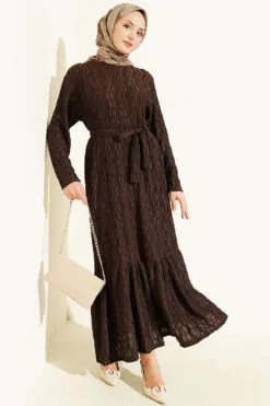Striped Ruffled Belted Dress Coffee Brown