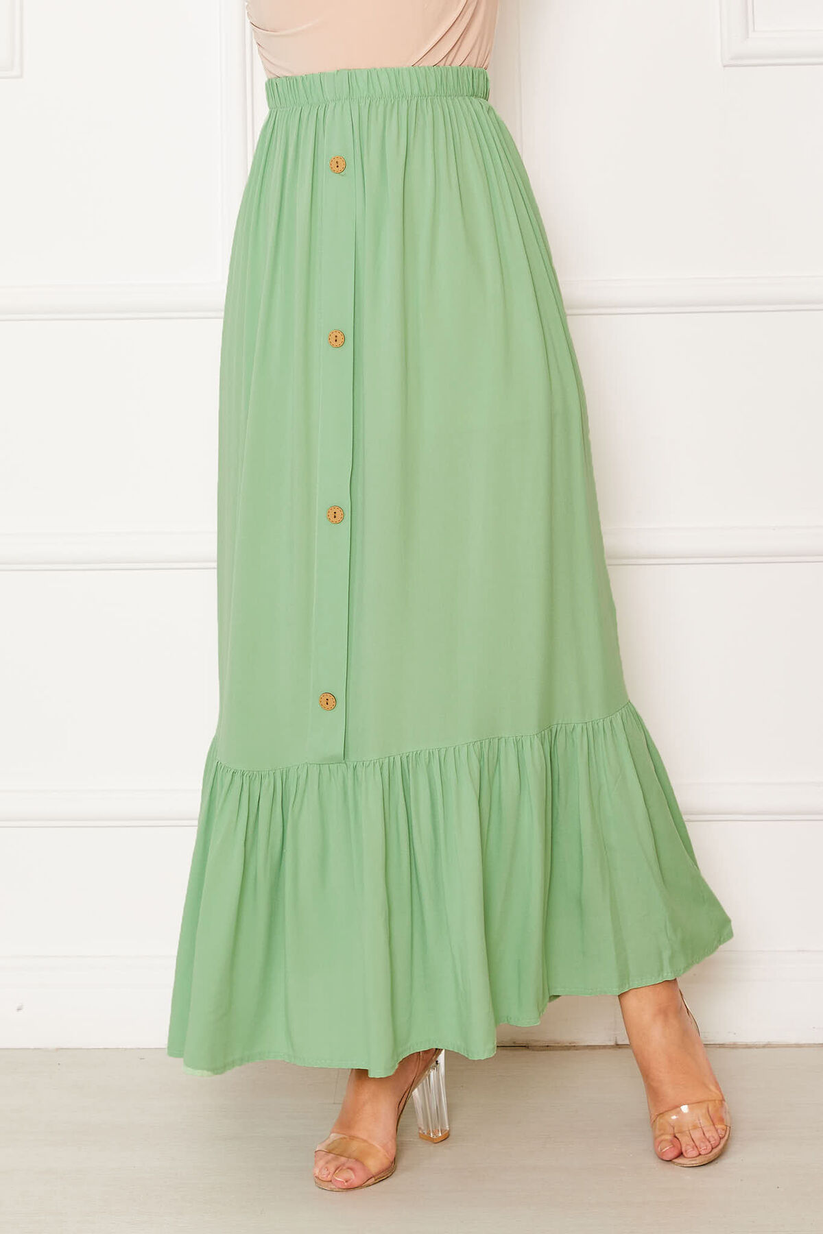 Elastic Waist Button Detail Modest Skirt Tan - Imagen 2