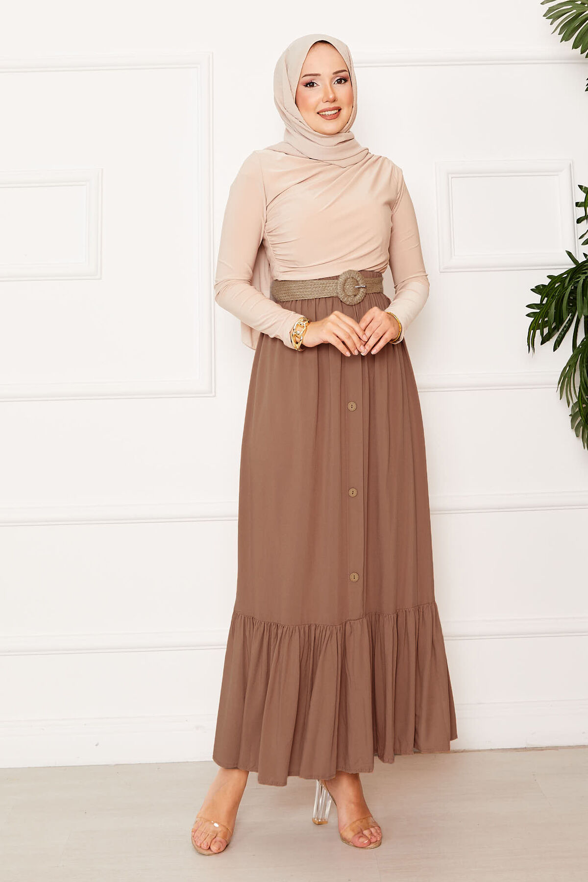 Elastic Waist Button Detail Modest Skirt Brown - Imagen 3