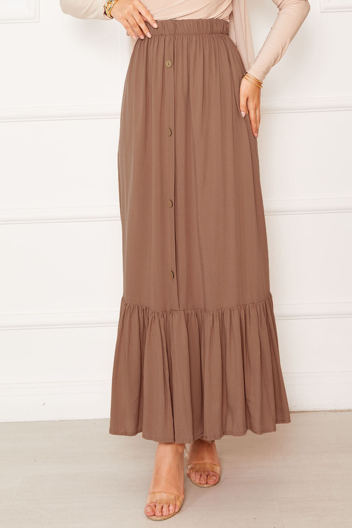Elastic Waist Button Detail Modest Skirt Brown - Imagen 4