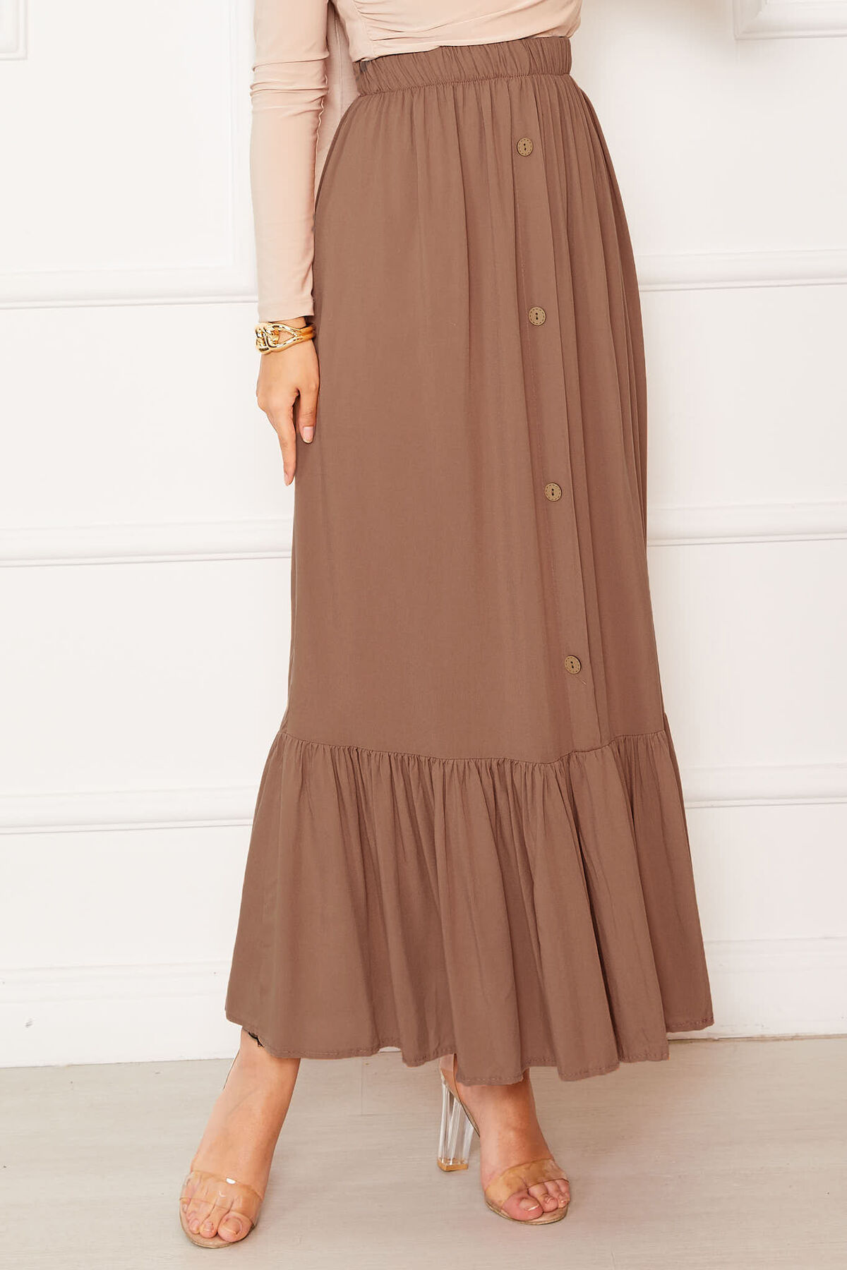 Elastic Waist Button Detail Modest Skirt Brown - Imagen 2