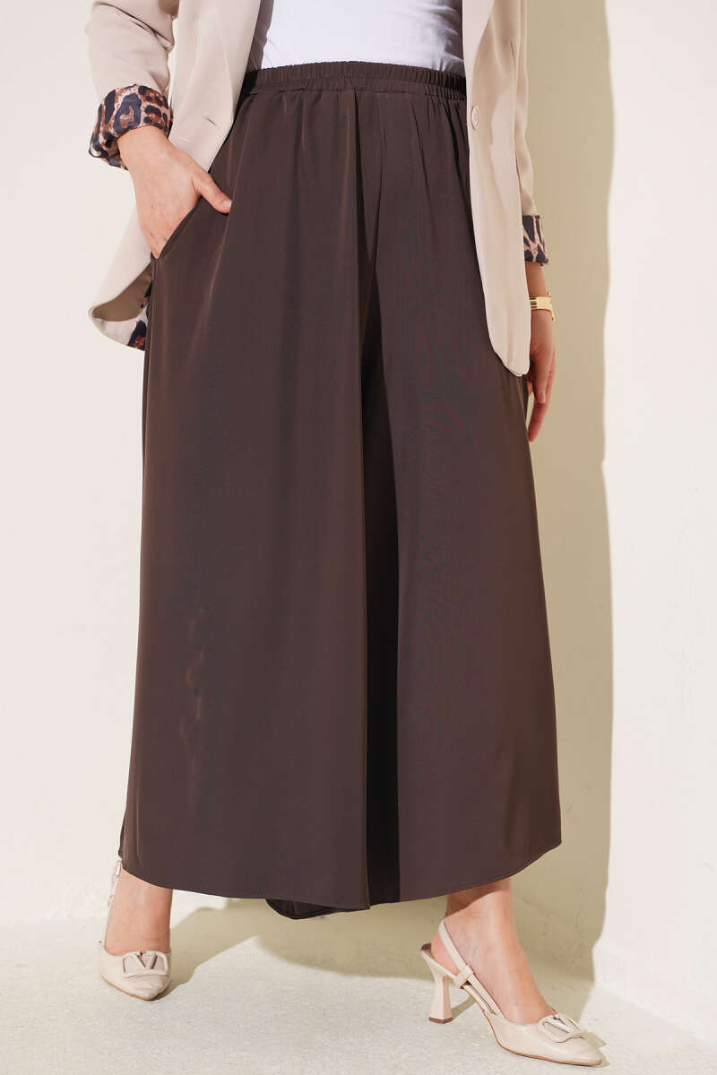 Elastic Waist Wide-Leg Fabric Trousers Dark Brown