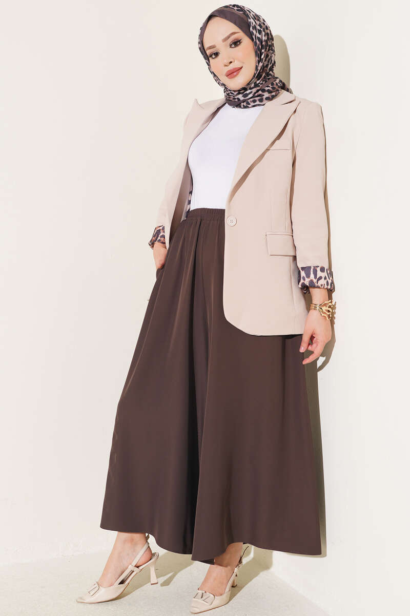 Elastic Waist Wide-Leg Fabric Trousers Dark Brown - الصورة 2