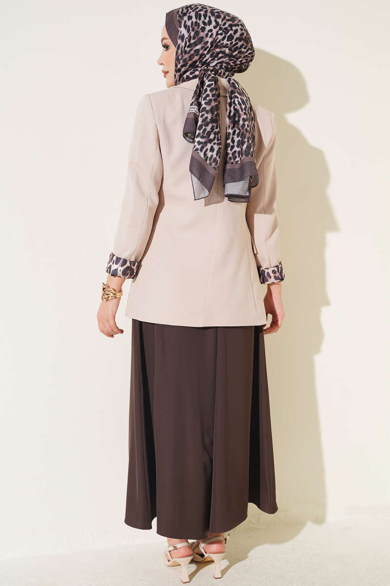 Elastic Waist Wide-Leg Fabric Trousers Dark Brown - الصورة 3
