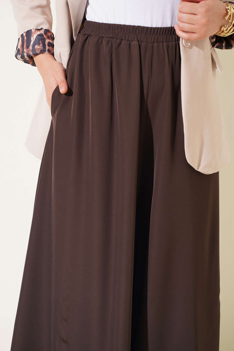 Elastic Waist Wide-Leg Fabric Trousers Dark Brown - الصورة 4