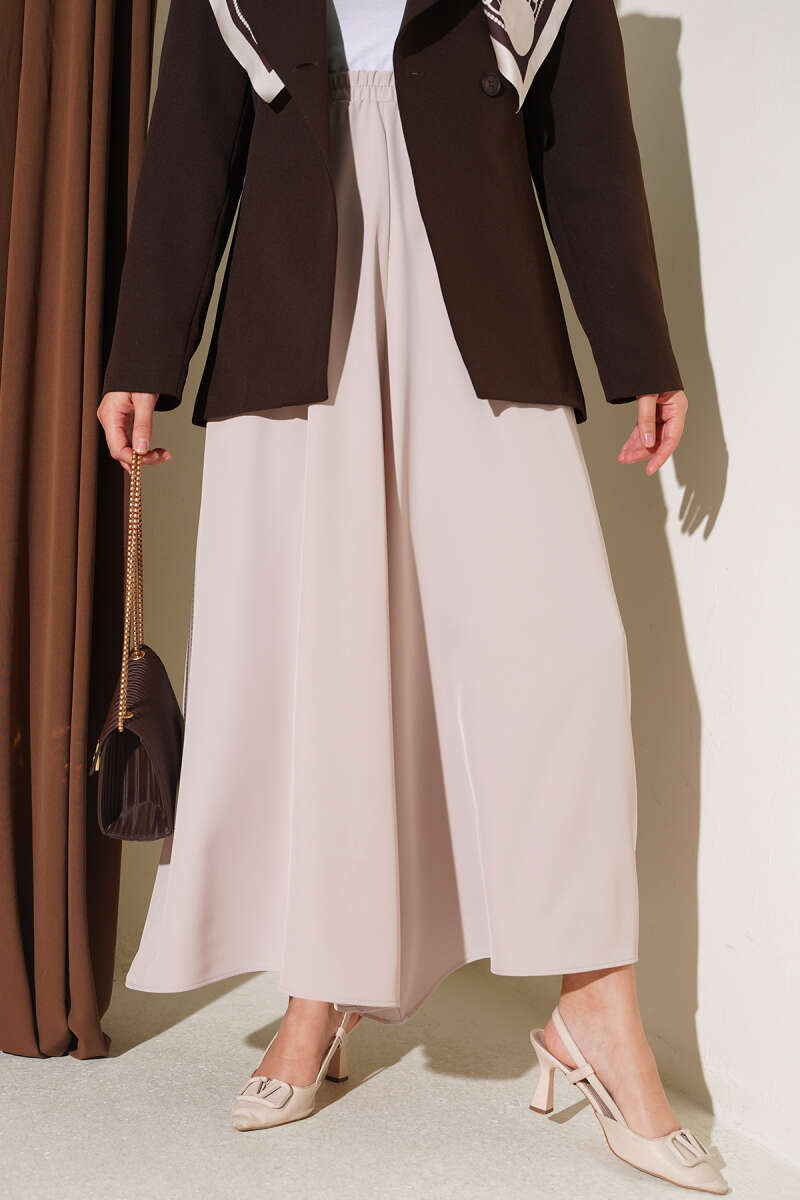 Elastic Waist Wide-Leg Fabric Trousers Beige