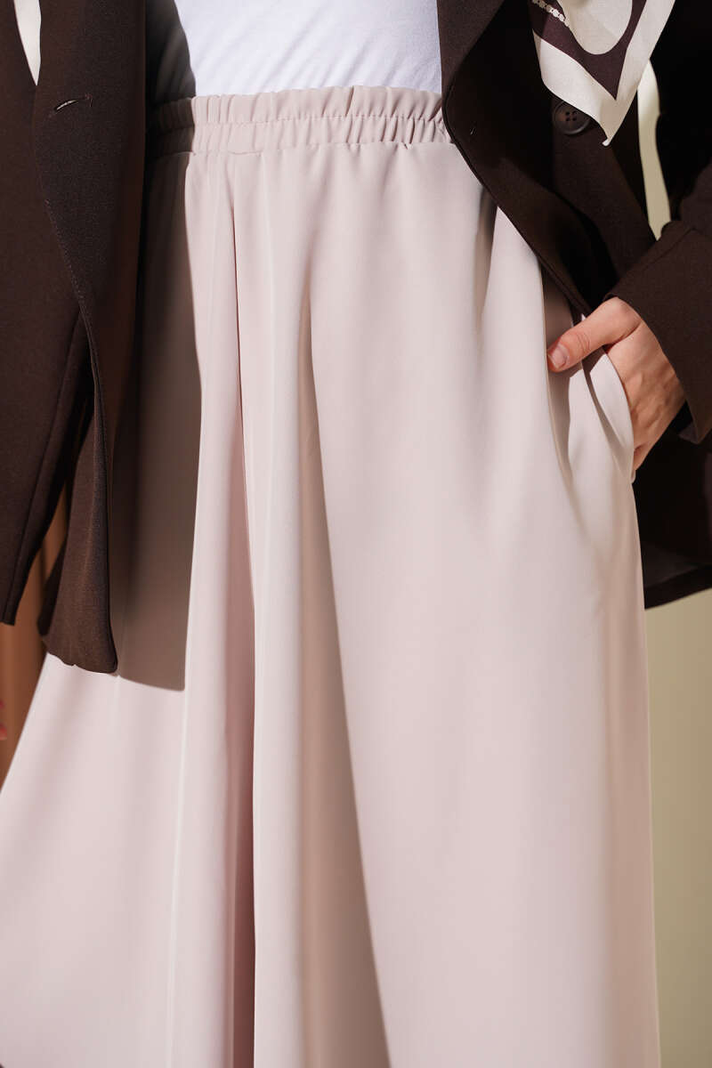 Elastic Waist Wide-Leg Fabric Trousers Beige - الصورة 4