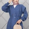 Long Elastic Waist Modest Coat Indigo - immagine 2