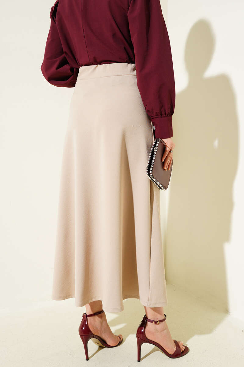 Elastic Waist Flared Basic Skirt Beige - Imagen 3