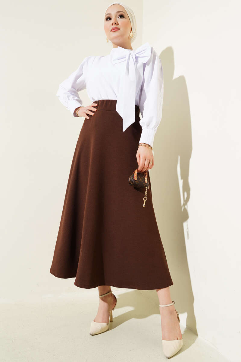 Elastic Waist Flared Basic Skirt Brown - Imagen 2