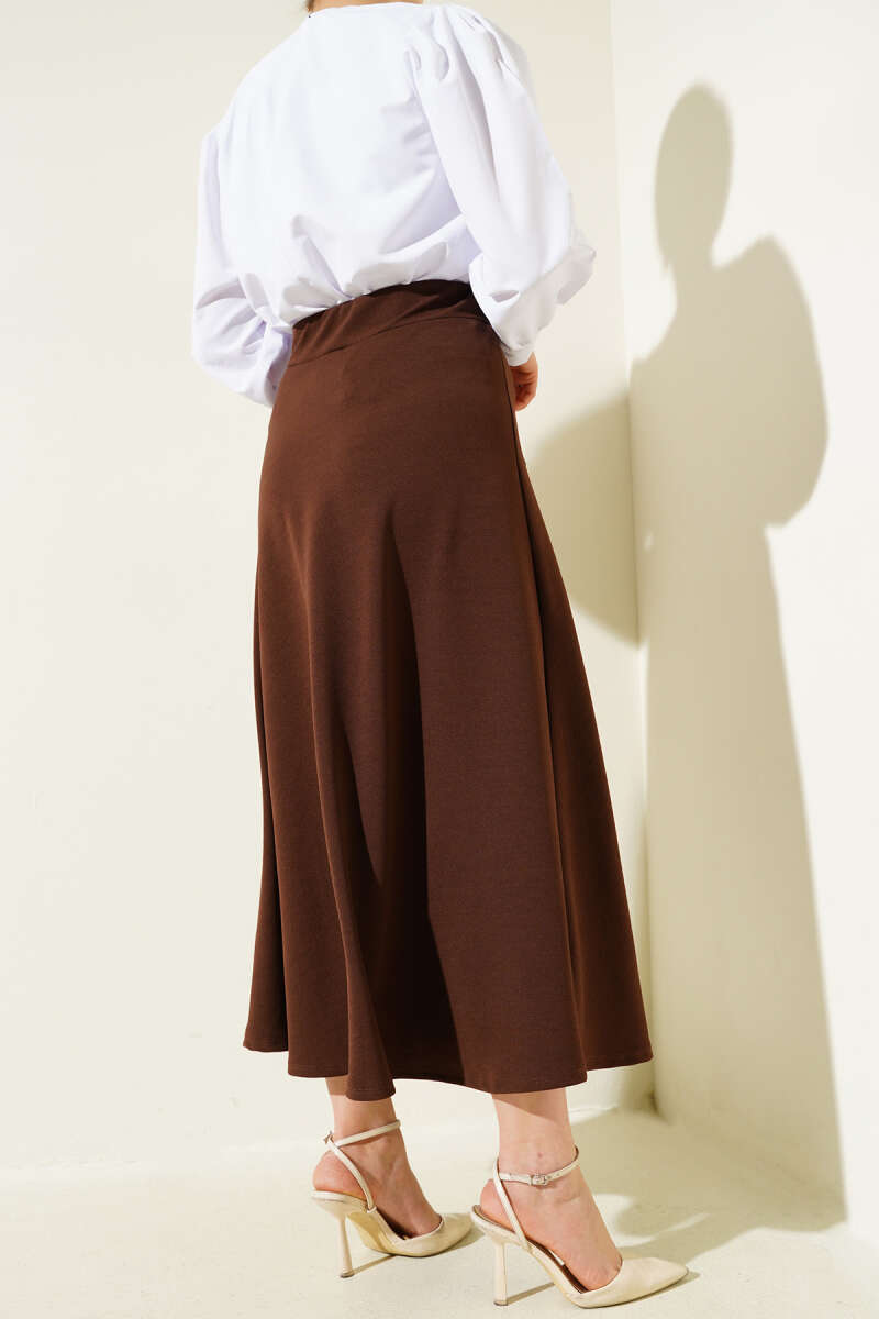 Elastic Waist Flared Basic Skirt Brown - Imagen 3
