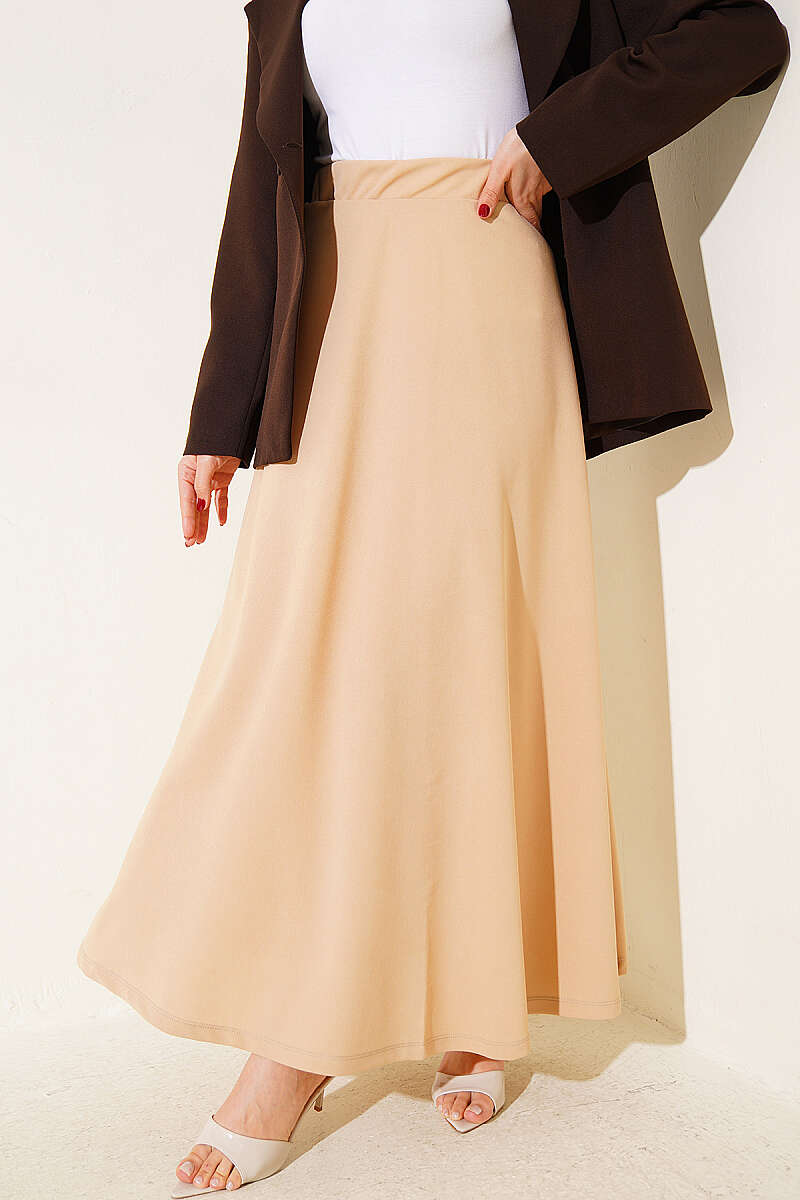 Elastic Waist Flared Basic Skirt Beige - Imagen 5