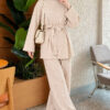 Waist-Drawstring Basic Two-Piece Set with Belt Beige