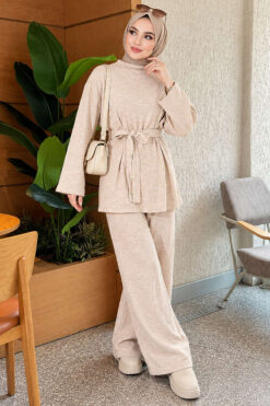 Waist-Drawstring Basic Two-Piece Set with Belt Beige