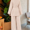 Waist-Drawstring Basic Two-Piece Set with Belt Beige – Bild 3