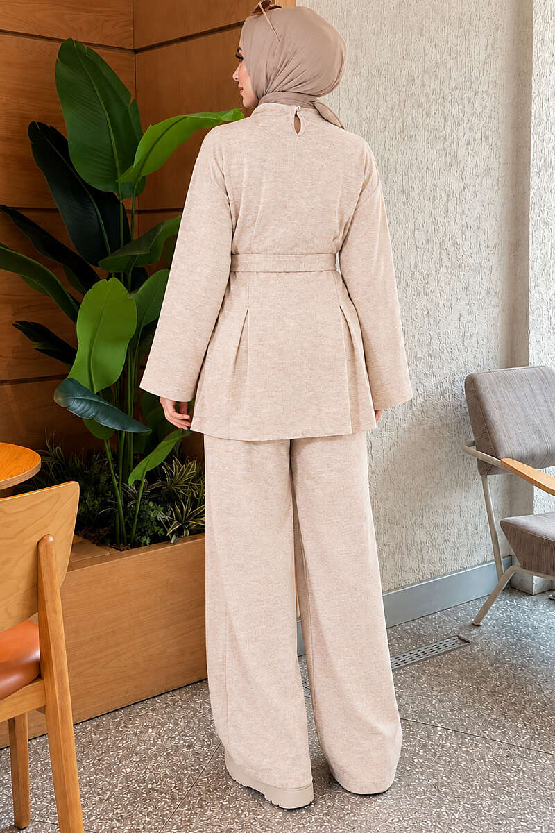 Waist-Drawstring Basic Two-Piece Set with Belt Beige – Bild 3