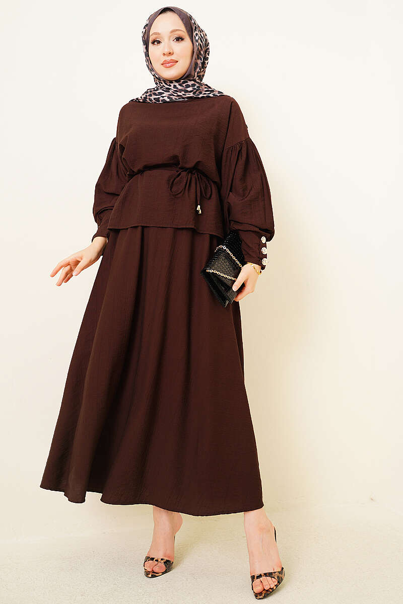 Ankle Button Blouse and Skirt Set Brown