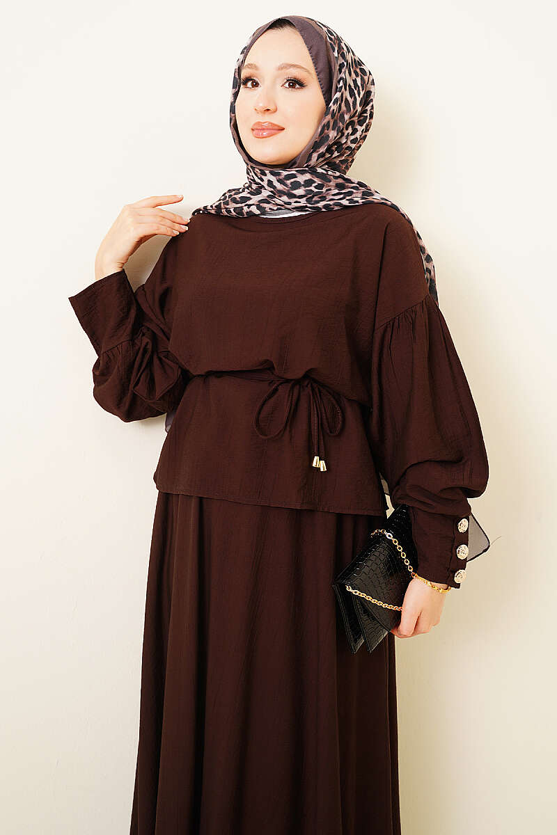 Ankle Button Blouse and Skirt Set Brown – Bild 2