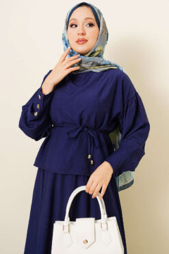 Alternative view of Ankle Button Blouse and Skirt Set Navy Blue