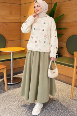 Alternative view of Wrist-Tie Floral Embroidered French Terry Sweater Beige