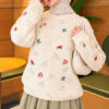 Wrist-Tie Floral Embroidered French Terry Sweater Beige