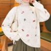 Wrist-Tie Floral Embroidered French Terry Sweater Ecru