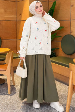 Alternative view of Wrist-Tie Floral Embroidered French Terry Sweater Ecru