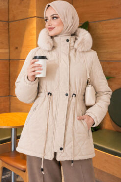 Fur-Trimmed Jacket with Elasticized Cuffs Beige