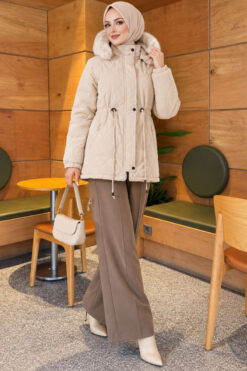 Alternative view of Fur-Trimmed Jacket with Elasticized Cuffs Beige