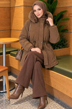 Fur-Trimmed Jacket with Elasticized Cuffs Coffee Brown