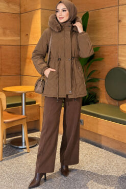 Alternative view of Fur-Trimmed Jacket with Elasticized Cuffs Coffee Brown
