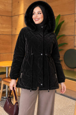 Fur-Trimmed Jacket with Elasticized Cuffs Jet Black