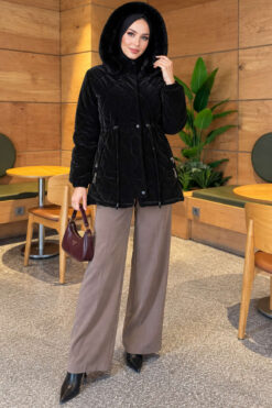 Alternative view of Fur-Trimmed Jacket with Elasticized Cuffs Jet Black