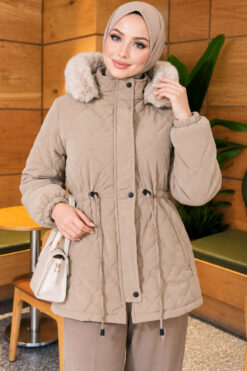 Fur-Trimmed Jacket with Elasticized Cuffs Taupe