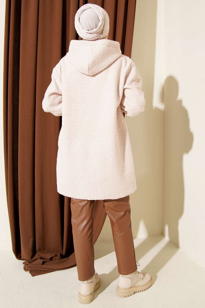 Zip-up boucle cardigan with ribbed wrist cuffs Beige – Image 3