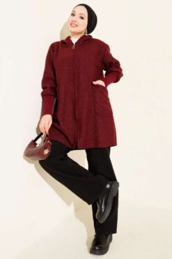 Alternative view of Zip-up boucle cardigan with ribbed wrist cuffs Burgundy